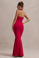 Red Halter-Neck Cut-Out Maxi Dress With Bow
